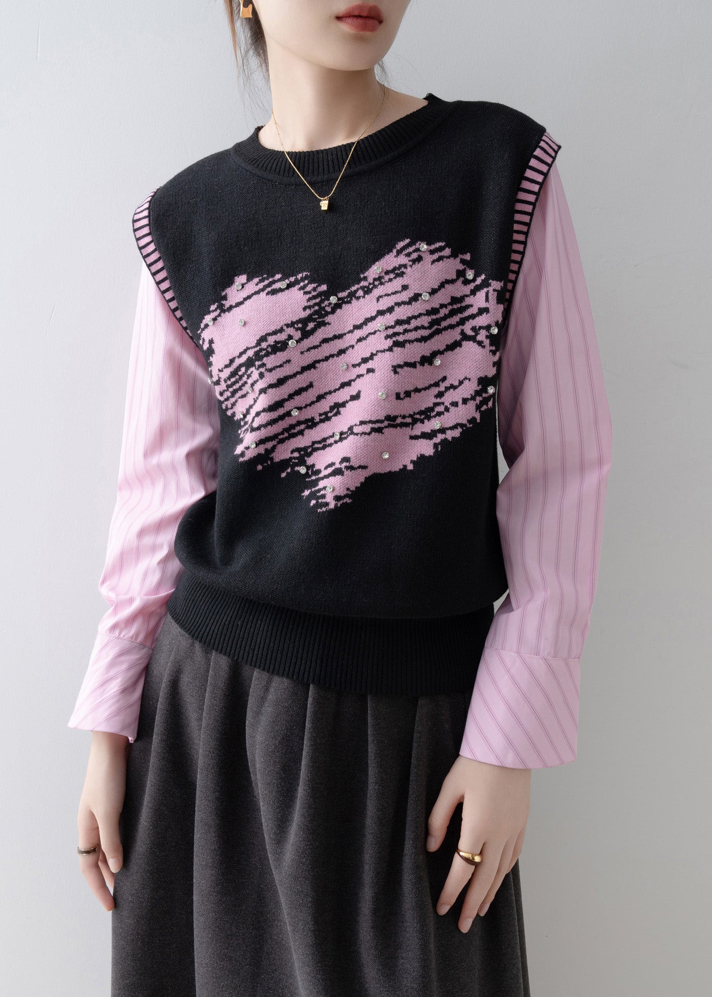 New Fake Two Pieces Set Knit Patchwork Pink Shirts Spring
