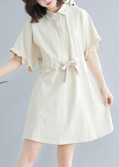 Comfy Beige Tie Waist Cotton Button Summer Day Dress