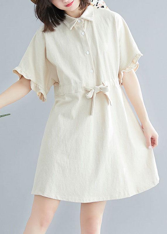 Comfy Beige Tie Waist Cotton Button Summer Day Dress