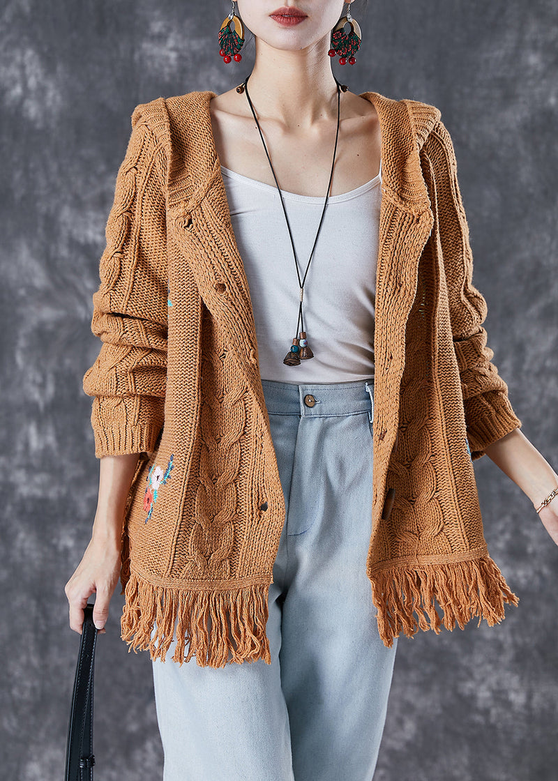 Khaki Embroideried Tasseled Knit Jackets Fall