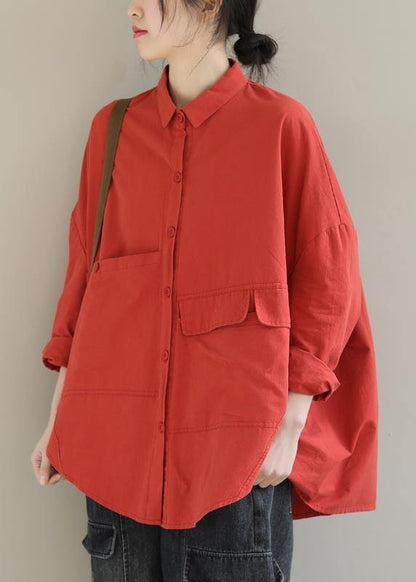 Red Blouse Lapel Asymmetric Short Shirt Top