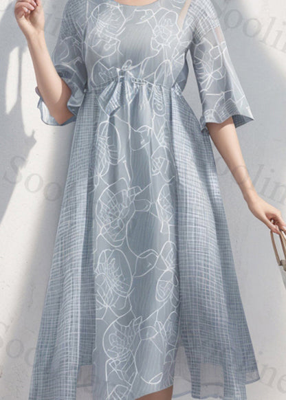 Loose Light Blue O Neck Print Wrinkled Silk Dress Summer