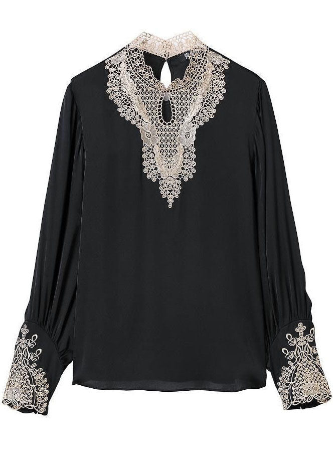 Black Stand Collar Embroideried Patchwork Chiffon Blouse Top Long Sleeve