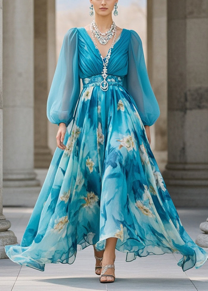 Sea Blue Print Chiffon Party Dress Cinched Exra Large Hem Spring