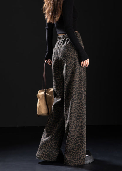 New Coffee Leopard Pockets Print Warm Fleece Denim Pants Spring