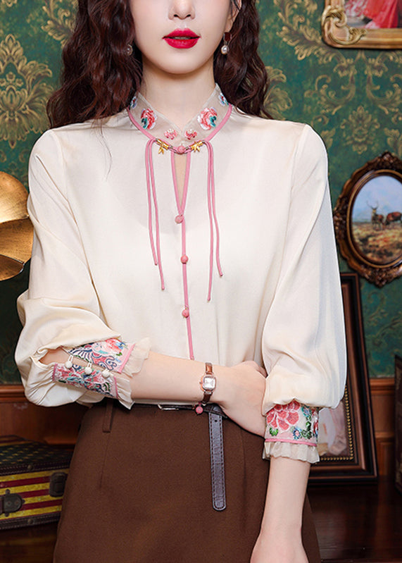 Black Embroidered Tulle Patchwork Hollow Out Chiffon Tops Long Sleeve