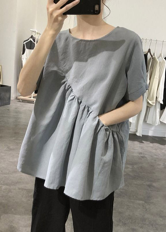 Grey O-neck Asymmetrical Wrinkled Top Short Sleeve