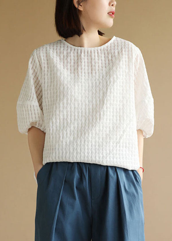White O-neck Plaid Cotton Blouse Top Half Sleeve