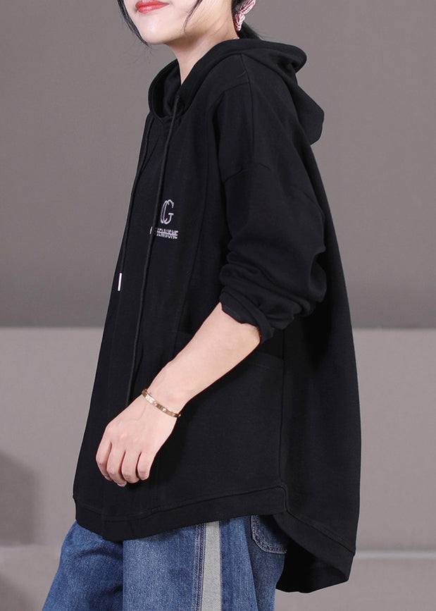 Black Alphabet Graphic Drawstring Hooded Sweatshirt Fall
