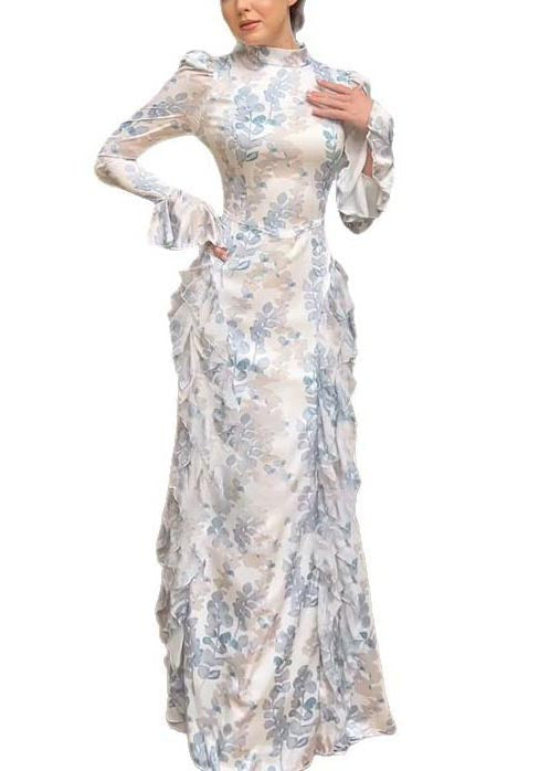 White Print Ruffles Chiffon Long Dresses Spring