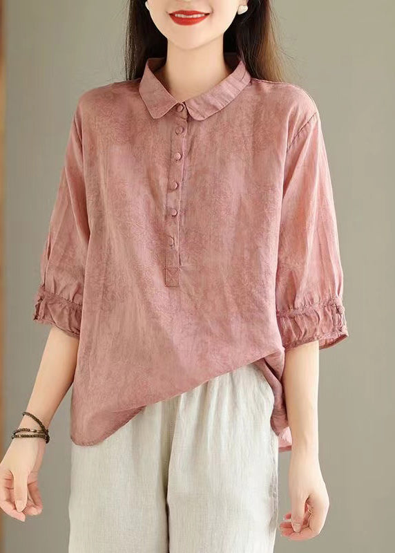 Pink Print Linen Top Button Half Sleeve