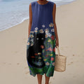 Comstylish Women's Black Cat In Floral Painting Print Midi Tank Dress