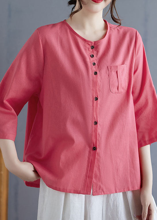 Linen Color O Neck Button Cotton Top Bracelet Sleeve
