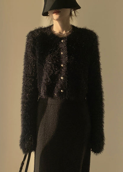 Black Fluffy Knit Cardigan O-neck Winter