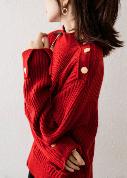 Red Stand Collar Thick Patchwork Knit Pullover Fall