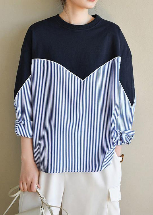 Fitted Navy Patchwork Striped Long Sleeve Spring Blouses
