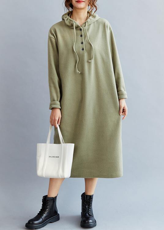 Handmade Drawstring Hooded Cotton Spring Dresses Green Long Dress
