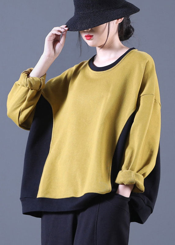 Yellow O-neck Patchwork Loose Fall Pullover Street Wear