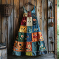 Comstylish Women's Abstract Creative Cute Cat With Floral Patchwork Art Pattern Linen Round Neck Maxi Dress
