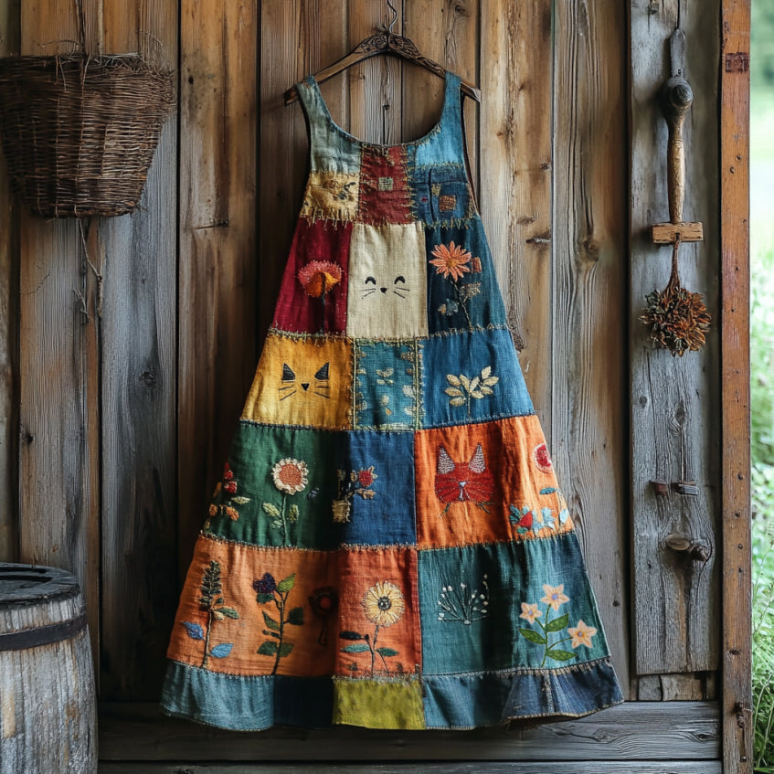 Comstylish Women's Abstract Creative Cute Cat With Floral Patchwork Art Pattern Linen Round Neck Maxi Dress