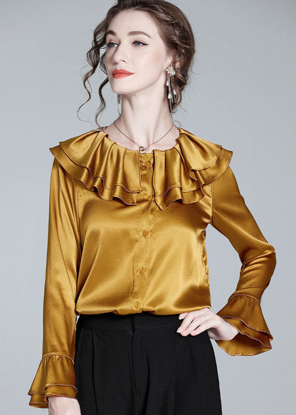 Style Gold Ruffled Patchwork Button Silk Shirt Flare Sleeve Spring