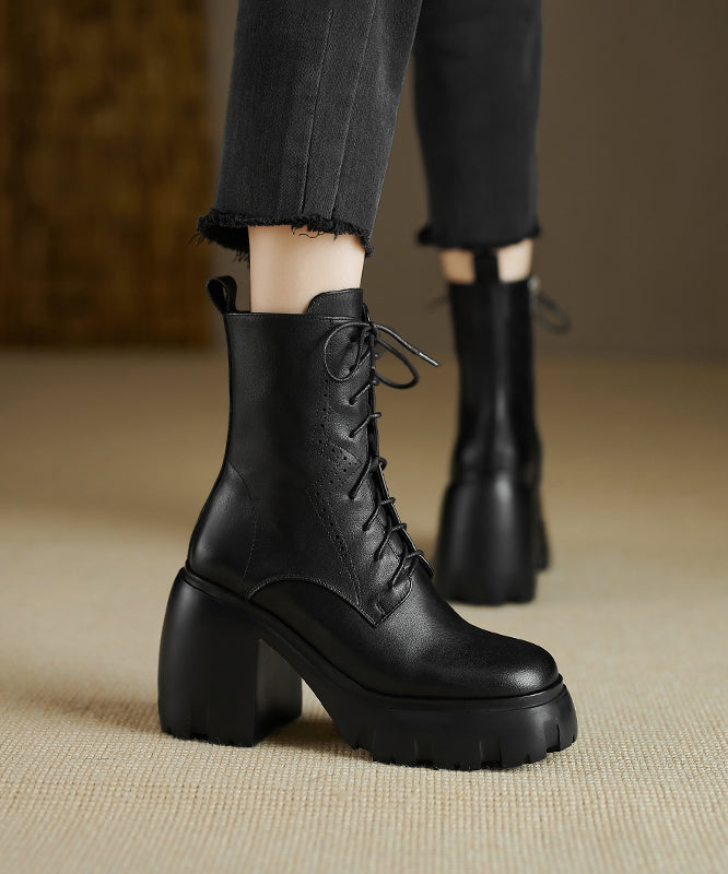 Black Cross Strap Splicing Cowhide Leather Chunky Boots