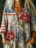 Women's Vintage Flag Floral Art Print Casual Cotton Linen Shirt