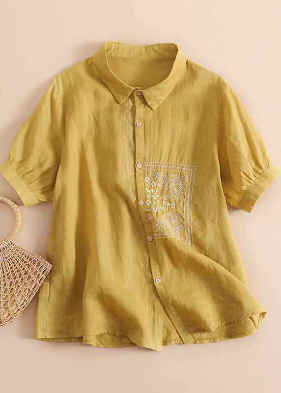 Orange Peter Pan Collar Print Button Linen Shirts Short Sleeve