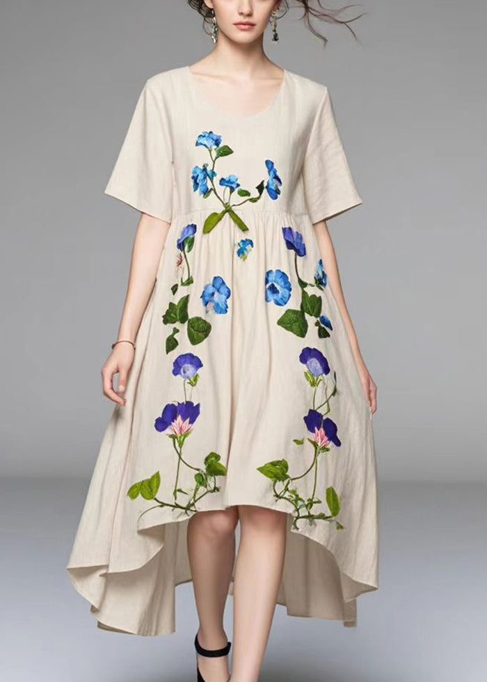 Beige Asymmetrical Print Cotton Vacation Dresses Summer
