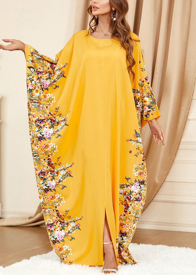 Yellow O Neck Print Front Open Cotton Dress Spring