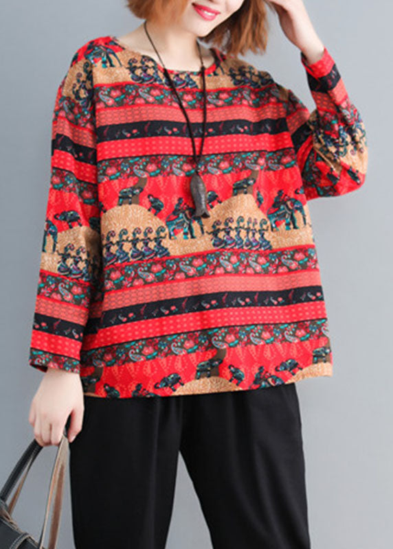 Red Oversized Print Cotton Tops Spring