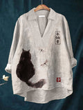 Comstylish Japanese Art Cat Print Linen Shirt