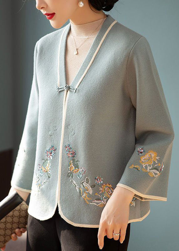 Blue V Neck Embroideried Woolen Coats Long Sleeve