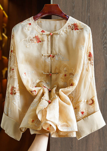 Yellow Embroidered Oriental Button Silk Organza Shirts Top Spring