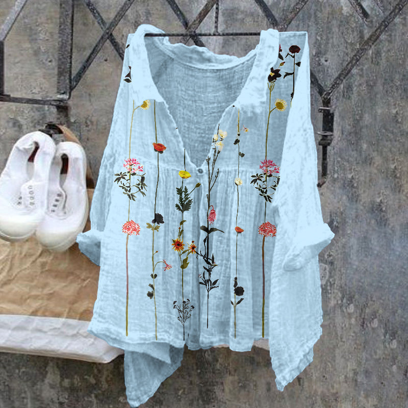 Comstylish Floral Pattern Ladies Casual Floral Print Cotton Linen  Shirt