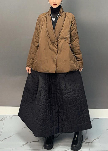 Ginger V Neck Patchwork Parka and Skirts Two Pieces Set Winter