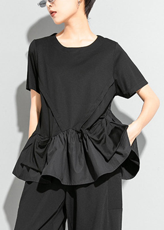 Modern Black O-neck Cinched Patchwork Pockets T Shirt Short Sleeve