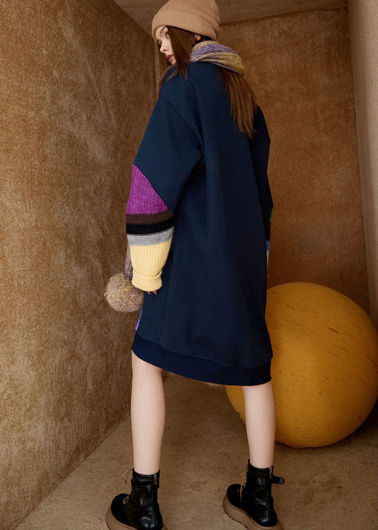 Navy O Neck Print Patchwork Warm Fleece Sweatshirts Dress Winter