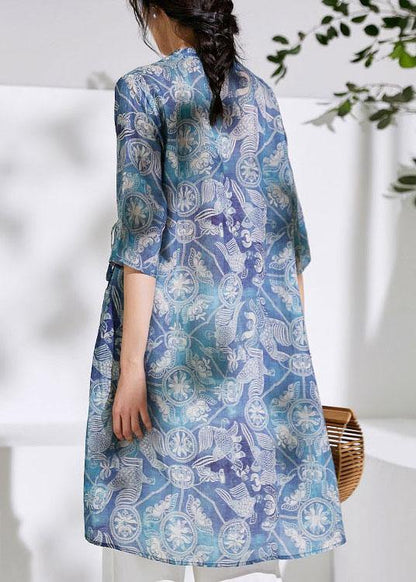 Loose Blue Tie Waist Print Summer Ramie Top