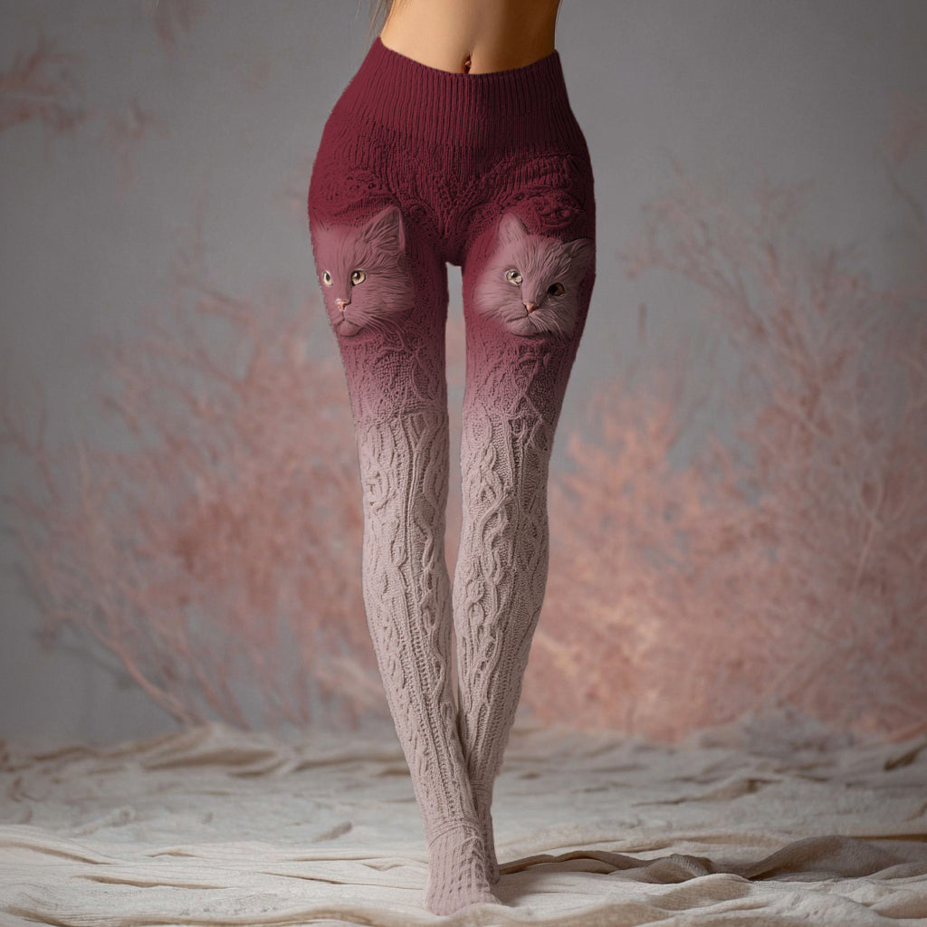 Comstylish Fuzzy Cat Embroidered Gradient Comfy Leggings