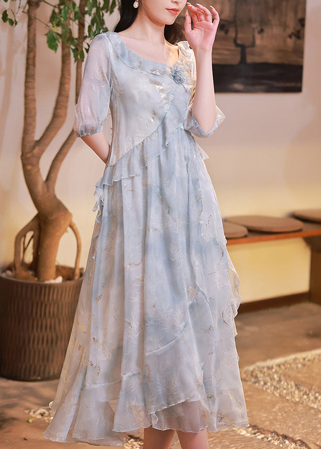 Boutique Light Blue Ruffled Asymmetrical Patchwork Chiffon Dress Summer