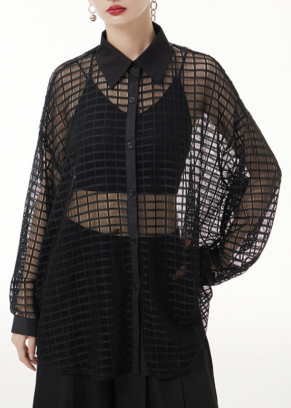 Black Peter Pan Collar Hollow Out Patchwork Lace Shirts Long Sleeve