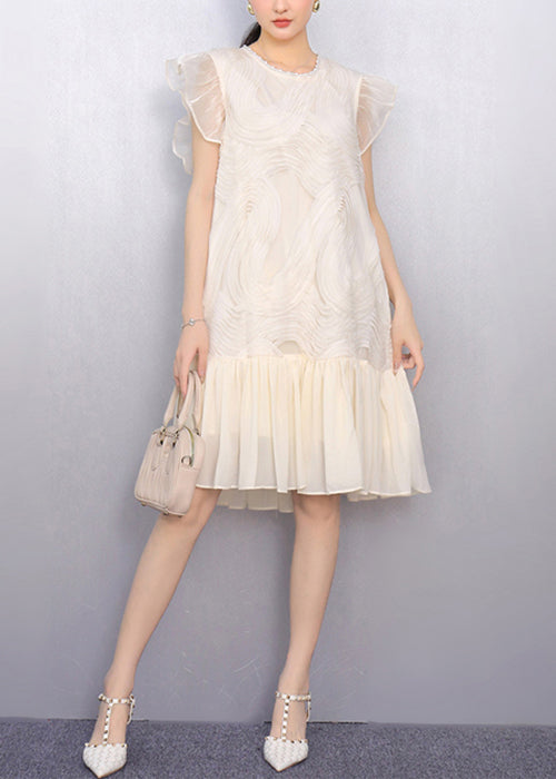 Black O Neck Wrinkled Tulle Patchwork Chiffon Dress Summer