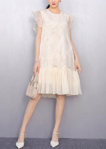 Black O Neck Wrinkled Tulle Patchwork Chiffon Dress Summer