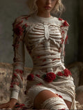 Comstylish Women's Halloween Skeleton Rose Art Vintage Round Neck Mini Skirt