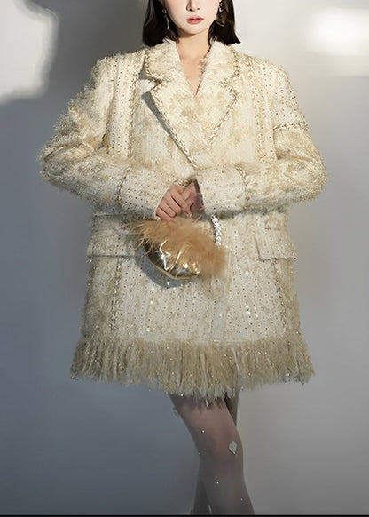 Beige Peter Pan Collar Tasseled Patchwork Cotton Coat Long Sleeve