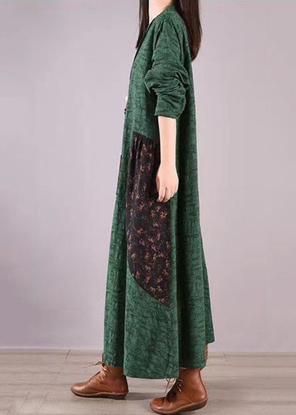 Green Stand Collar Print Patchwork Cotton Shirts Dresses Fall