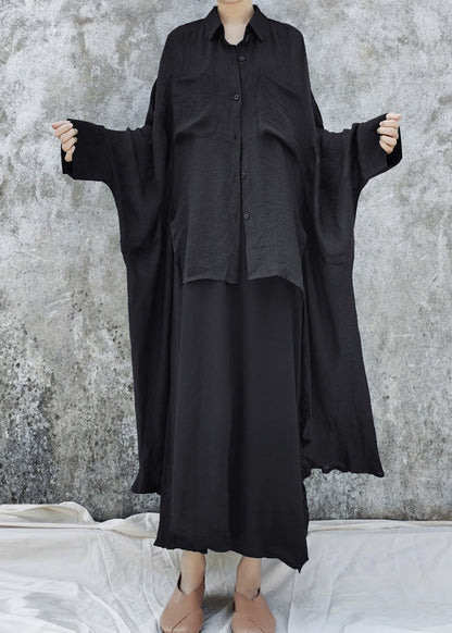 Black Loose Upf 50+ Shirt Tops Low High Design Batwing Sleeve
