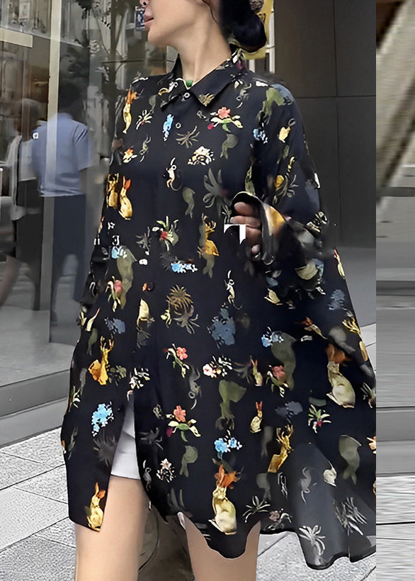 Black Peter Pan Collar Print Button Chiffon Shirt Long Sleeve