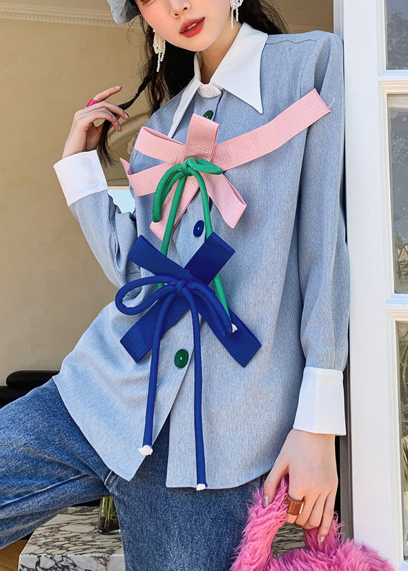 Light Blue Peter Pan Collar Removable Bow Skirts Long Sleeve